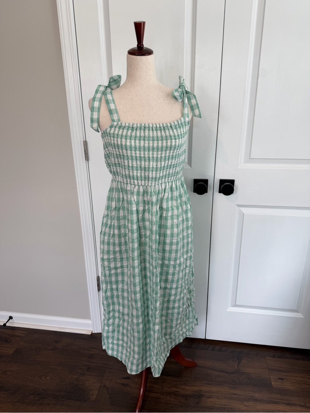 Marks & Spencer Gingham Tie Dress Smocked Square Neck Green and White Size 10